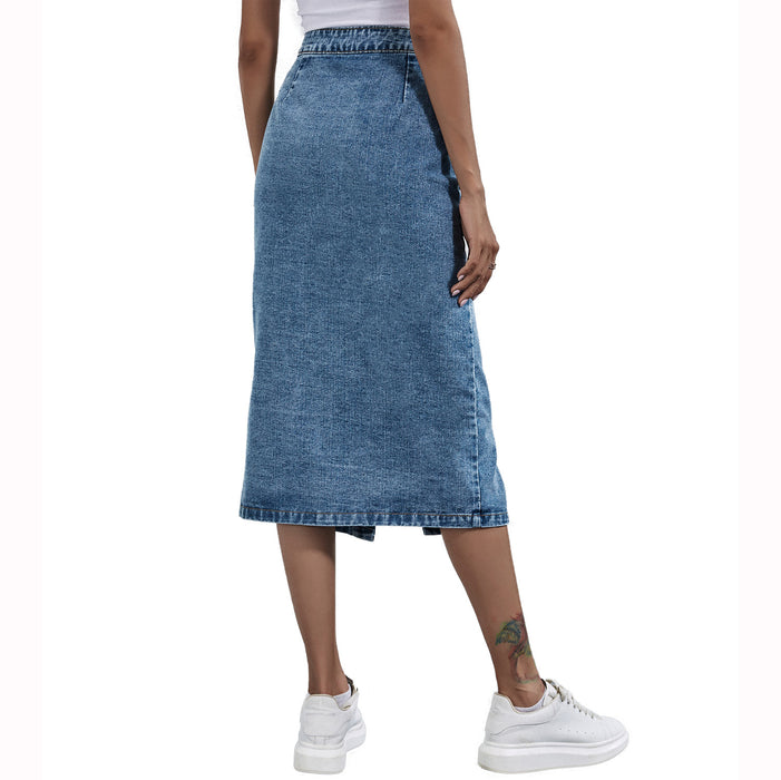 Women Clothing High Waist Single Breasted Denim Skirt Autumn Winter