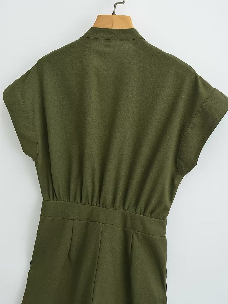 Summer Army Green Long Jumpsuit V Neck Decorated Row Button Waist Trimming Short Sleeved Jumpsuit