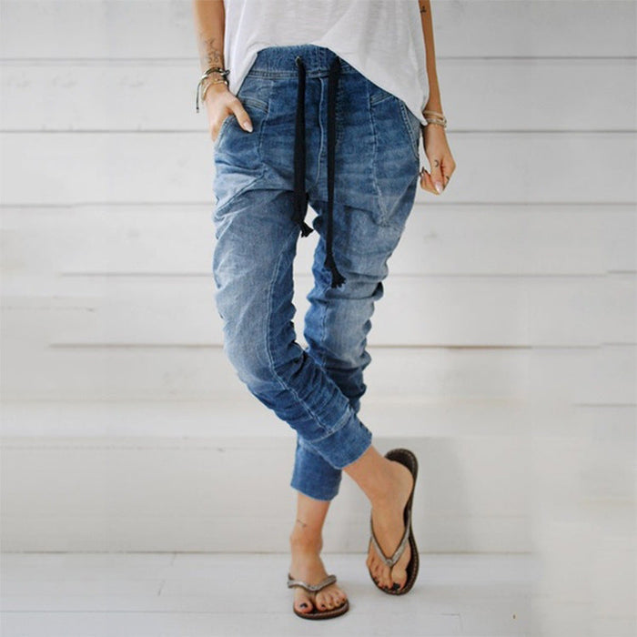 Women Denim Trousers Ankle Banded Lace up Denim Pants Harem Pants