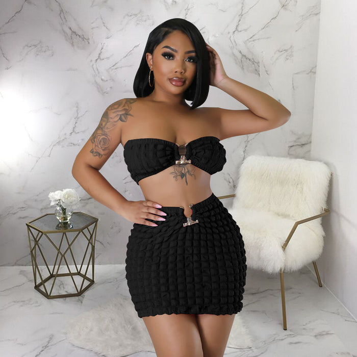 Women Clothing Popcorn Sexy Cropped Wrapped Chest Short Skirt Bubble Two Piece Set