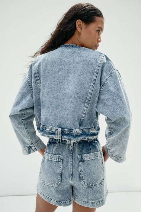 Summer Loose Slimming Collared Denim Wind Breaker Coat for Women