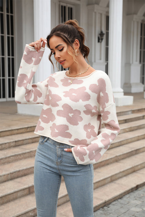 Early Autumn Women Clothing Long Sleeve Short Floral Sweater Pullover Sweater