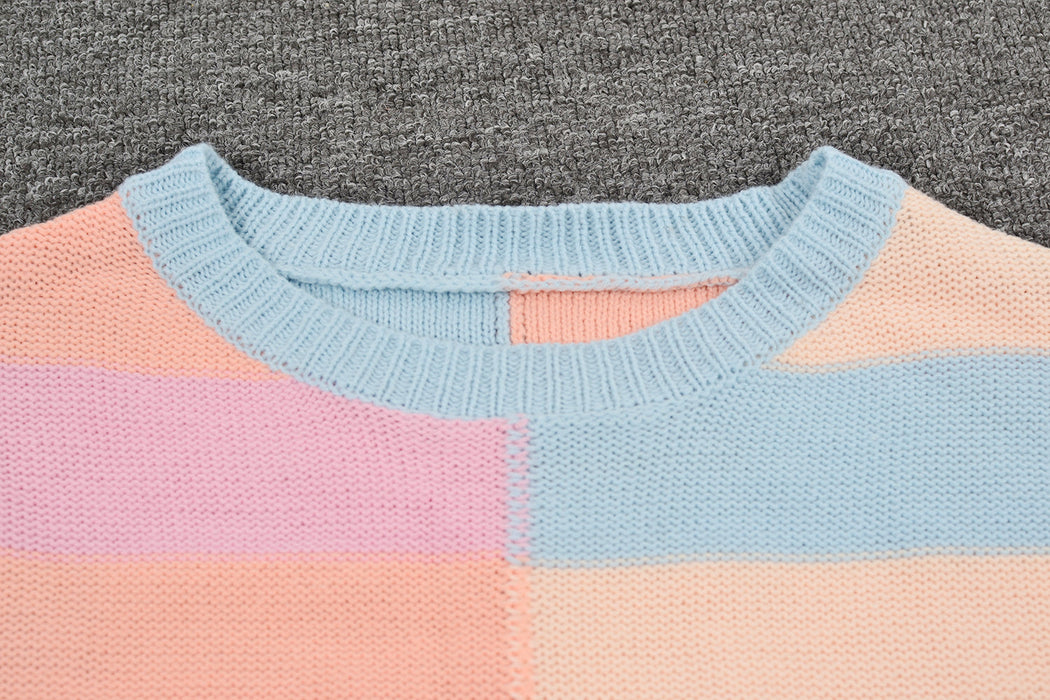 Fall Women Clothing Patchwork Stripes Contrast Color round Neck Knitwear Pullover Sweater