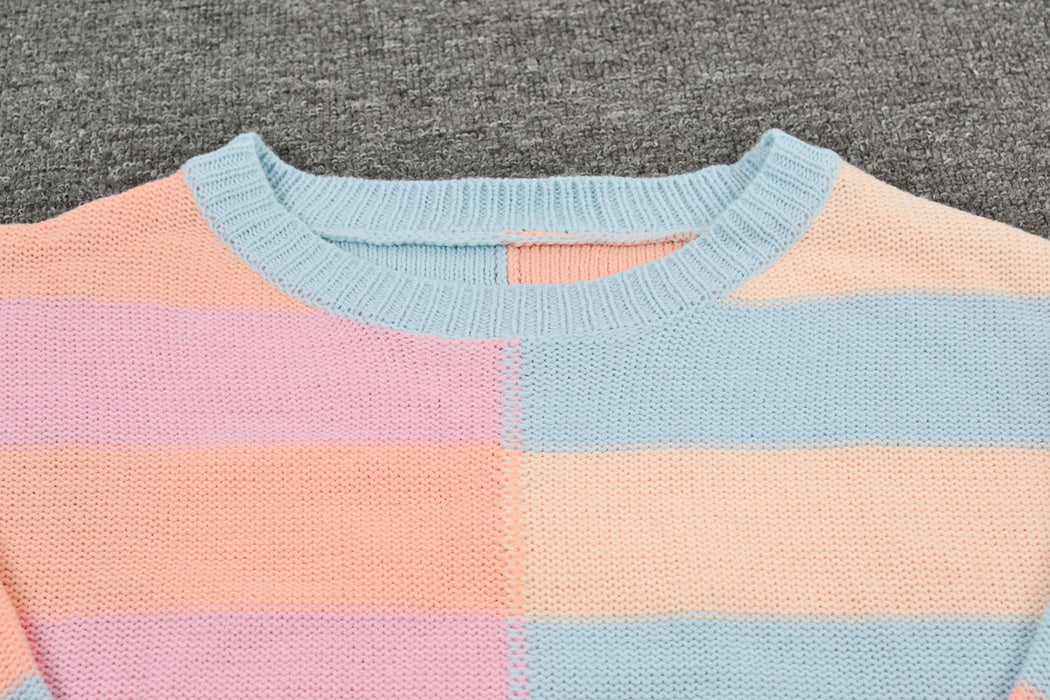 Fall Women Clothing Patchwork Stripes Contrast Color round Neck Knitwear Pullover Sweater