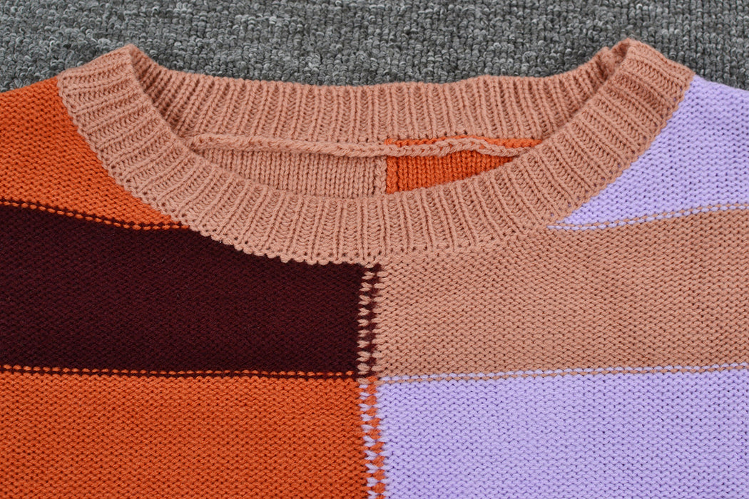 Fall Women Clothing Patchwork Stripes Contrast Color round Neck Knitwear Pullover Sweater