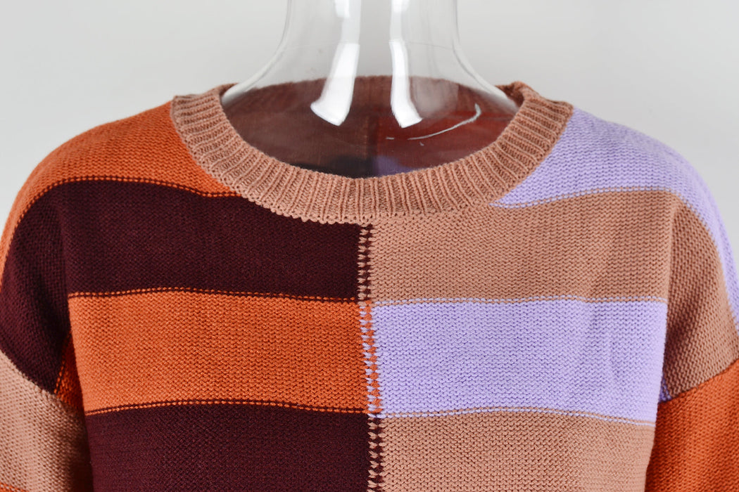 Fall Women Clothing Patchwork Stripes Contrast Color round Neck Knitwear Pullover Sweater