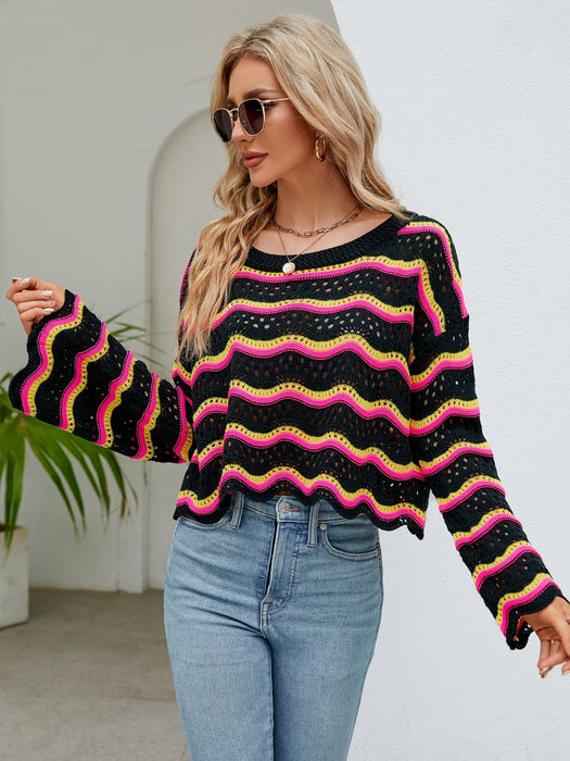 Autumn Winter Women Clothing Long Sleeve Round Neck Knitted Striped Sweater Women