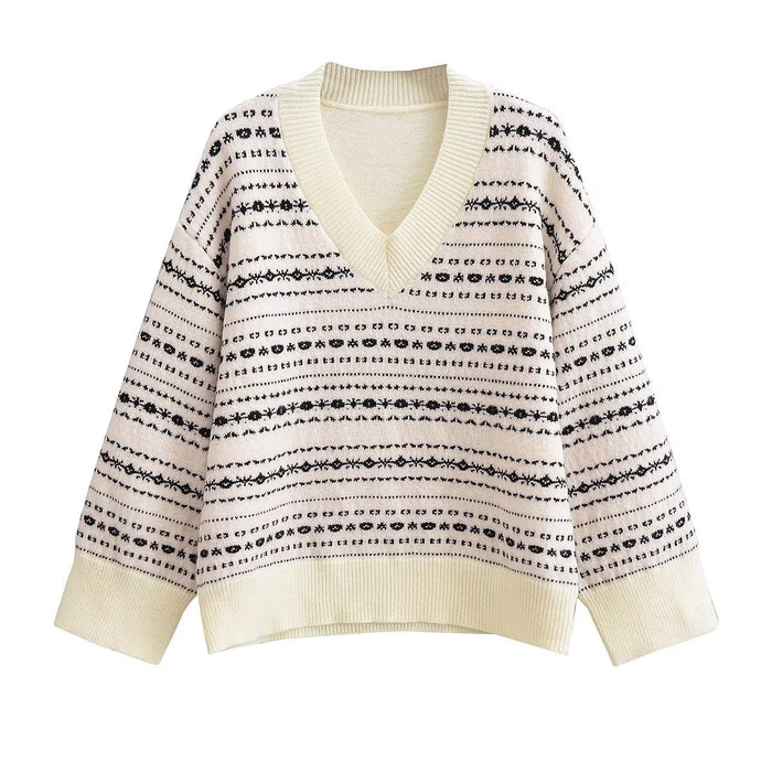 Women Clothing Jacquard Loose Fitting V neck Sweater Sweater