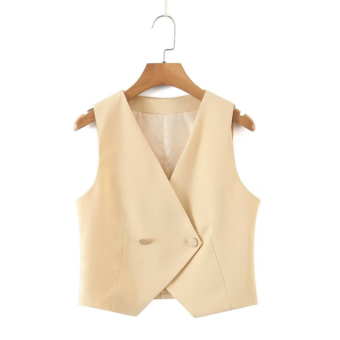 Slim V neck Irregular Asymmetric Single Button Sleeveless Vest All Match Solid Color Casual Vest