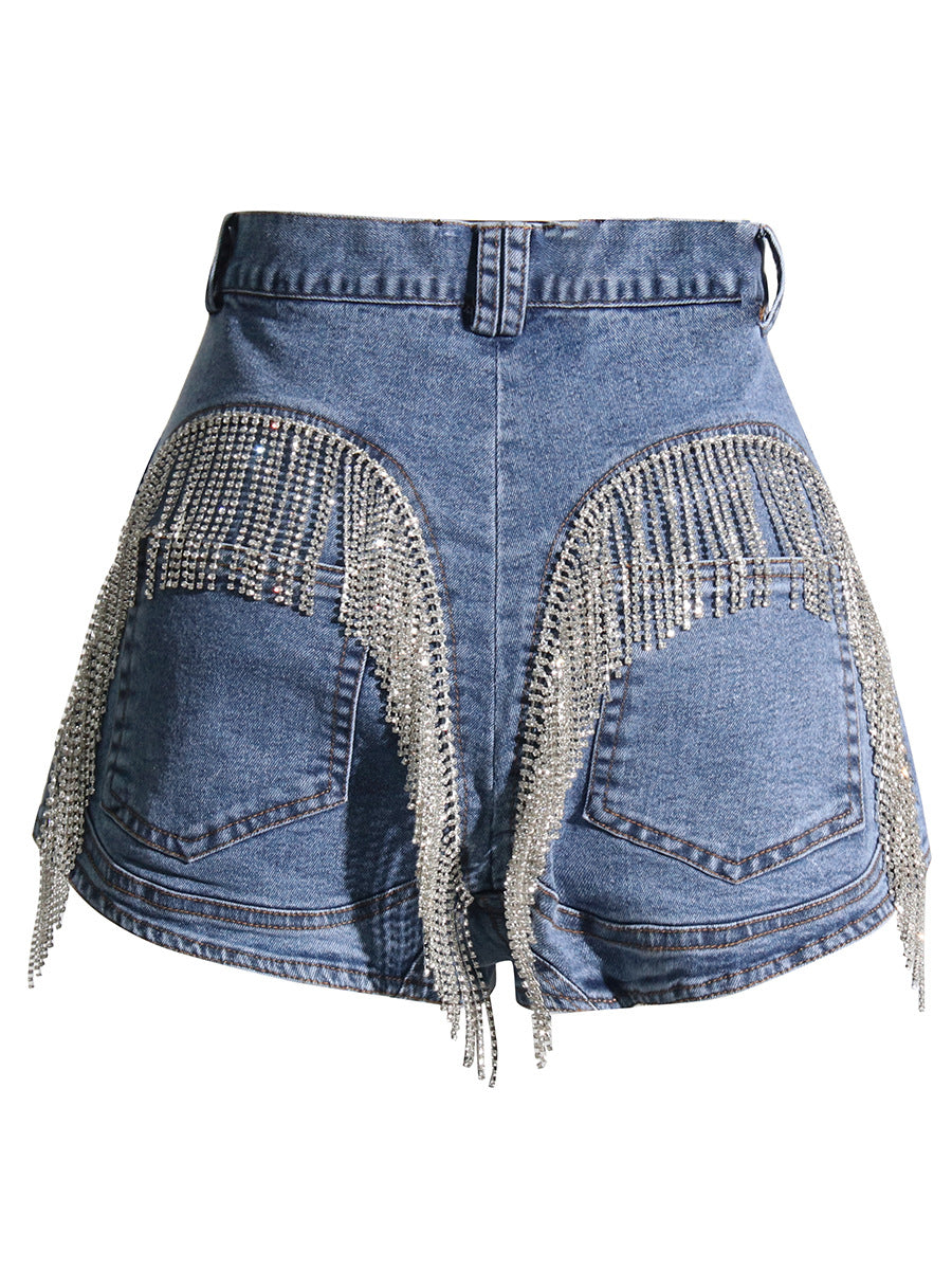 Summer Heavy Industry Chain Waterfall Tassels Slim Fit Sexy Big Long Leg Denim Shorts High Waist Straight Pants