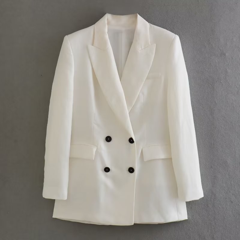 Summer White Office Casual Collared Double Breasted Blazer