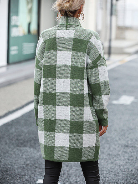 Coat Loose Plaid Color Stitching Knitted Cardigan Sweater Women