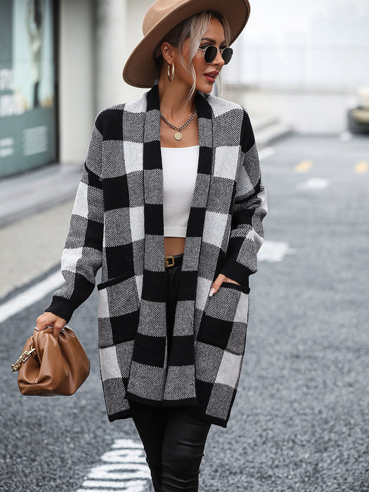 Coat Loose Plaid Color Stitching Knitted Cardigan Sweater Women