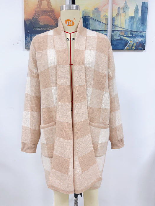 Coat Loose Plaid Color Stitching Knitted Cardigan Sweater Women