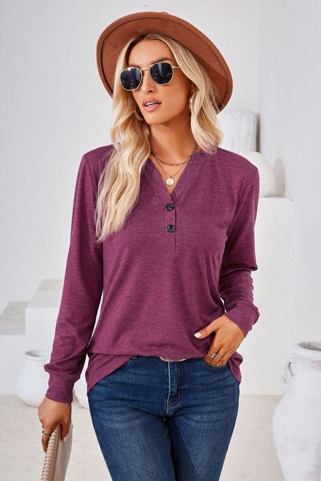 Autumn Winter Solid Color V-neck Button Loose Long-Sleeved T-shirt Top Ladies