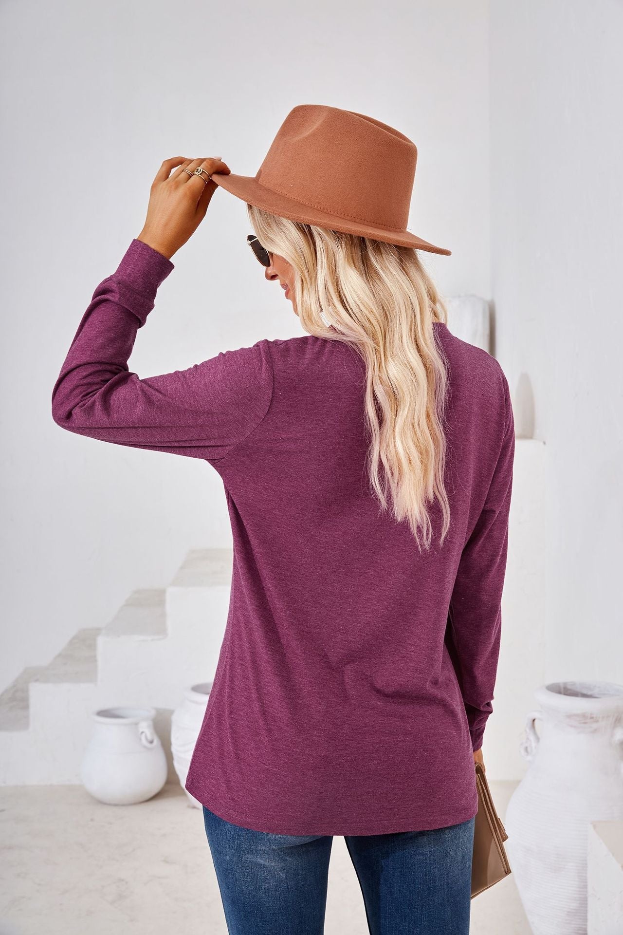 Autumn Winter Solid Color V-neck Button Loose Long-Sleeved T-shirt Top Ladies