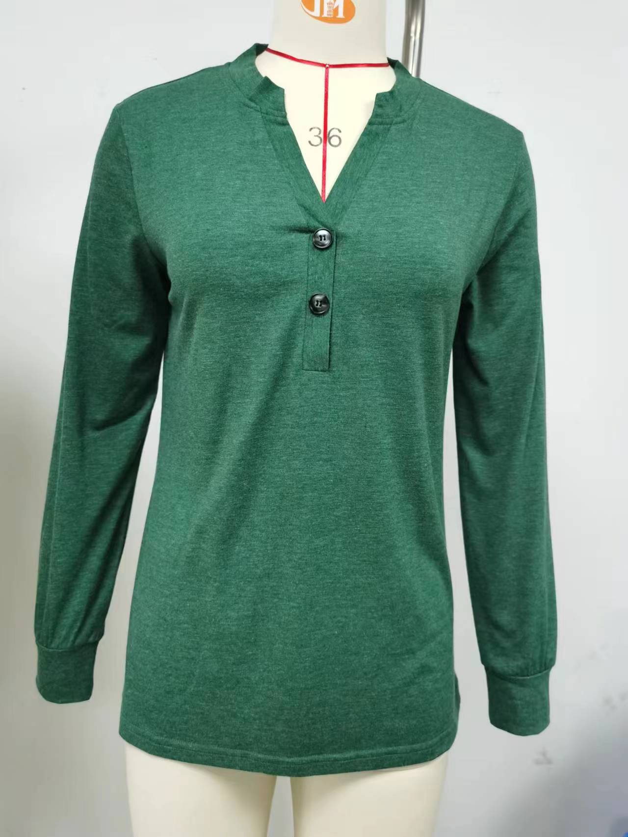 Autumn Winter Solid Color V-neck Button Loose Long-Sleeved T-shirt Top Ladies