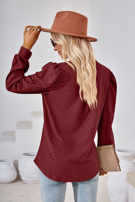 Autumn Winter Solid Color V neck Jacquard Long Sleeve Loose-Fitting T-shirt Top Ladies