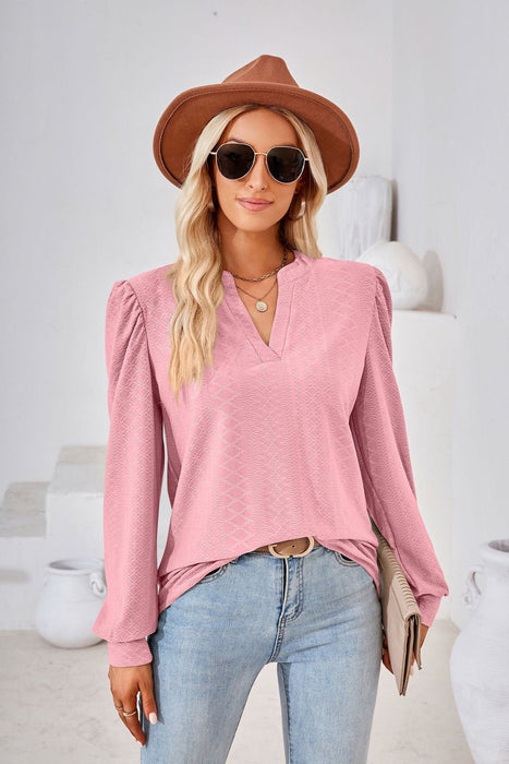 Autumn Winter Solid Color V neck Jacquard Long Sleeve Loose-Fitting T-shirt Top Ladies