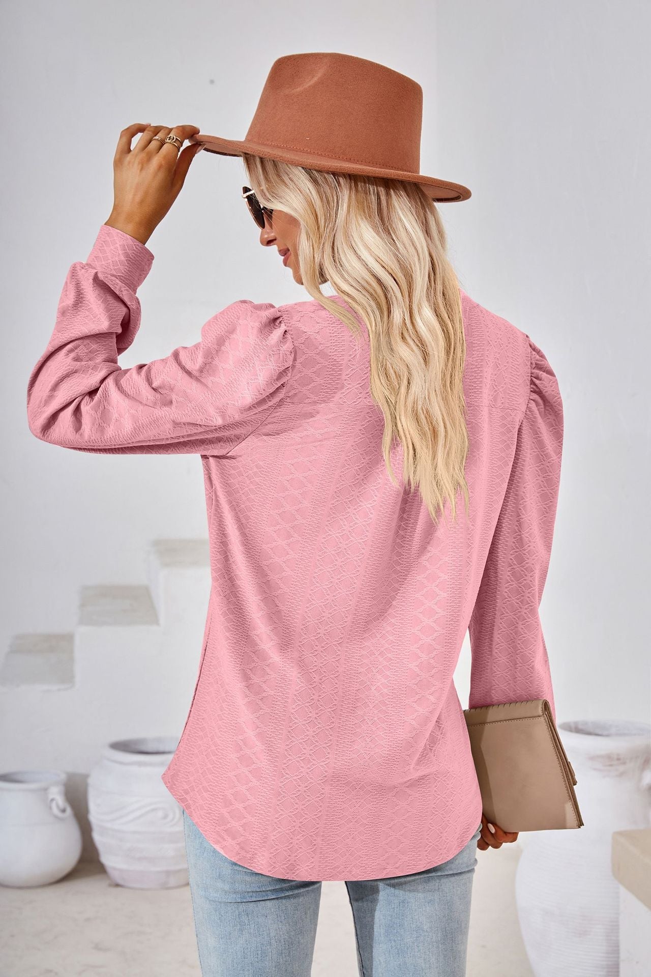 Autumn Winter Solid Color V neck Jacquard Long Sleeve Loose-Fitting T-shirt Top Ladies