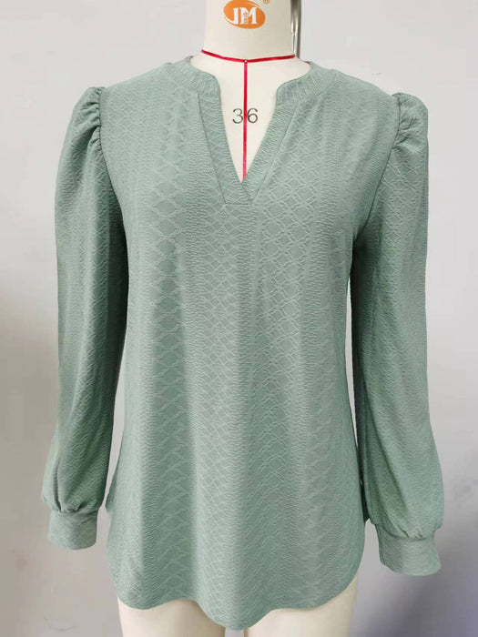 Autumn Winter Solid Color V neck Jacquard Long Sleeve Loose-Fitting T-shirt Top Ladies