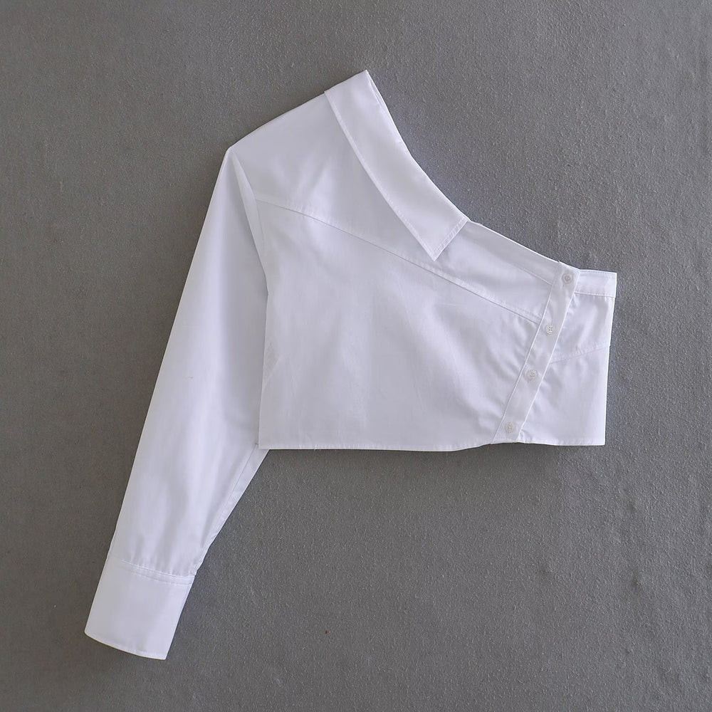 Summer Women Clothing Diagonal Collar Fastener Decoration Asymmetric Long Sleeve Short Shirt