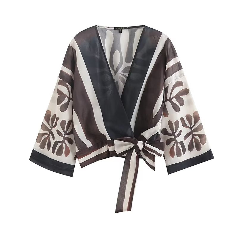 Women Clothing Print Batwing Sleeve Casual Top Kimono