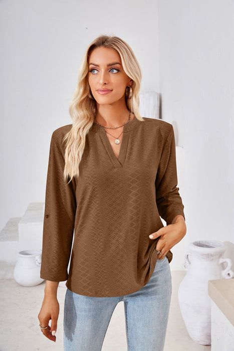 Autumn Winter Solid Color V-neck Three-Quarter Sleeve Button Loose-Fitting T-shirt Top Women