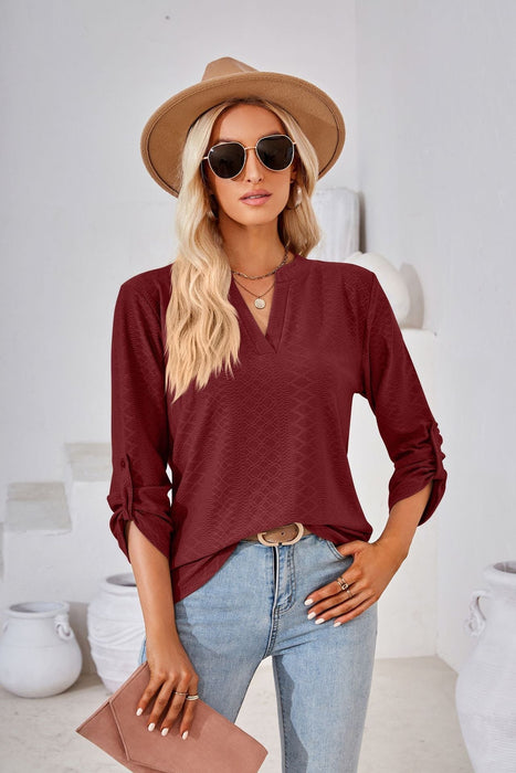 Autumn Winter Solid Color V-neck Three-Quarter Sleeve Button Loose-Fitting T-shirt Top Women