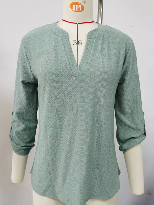 Autumn Winter Solid Color V-neck Three-Quarter Sleeve Button Loose-Fitting T-shirt Top Women