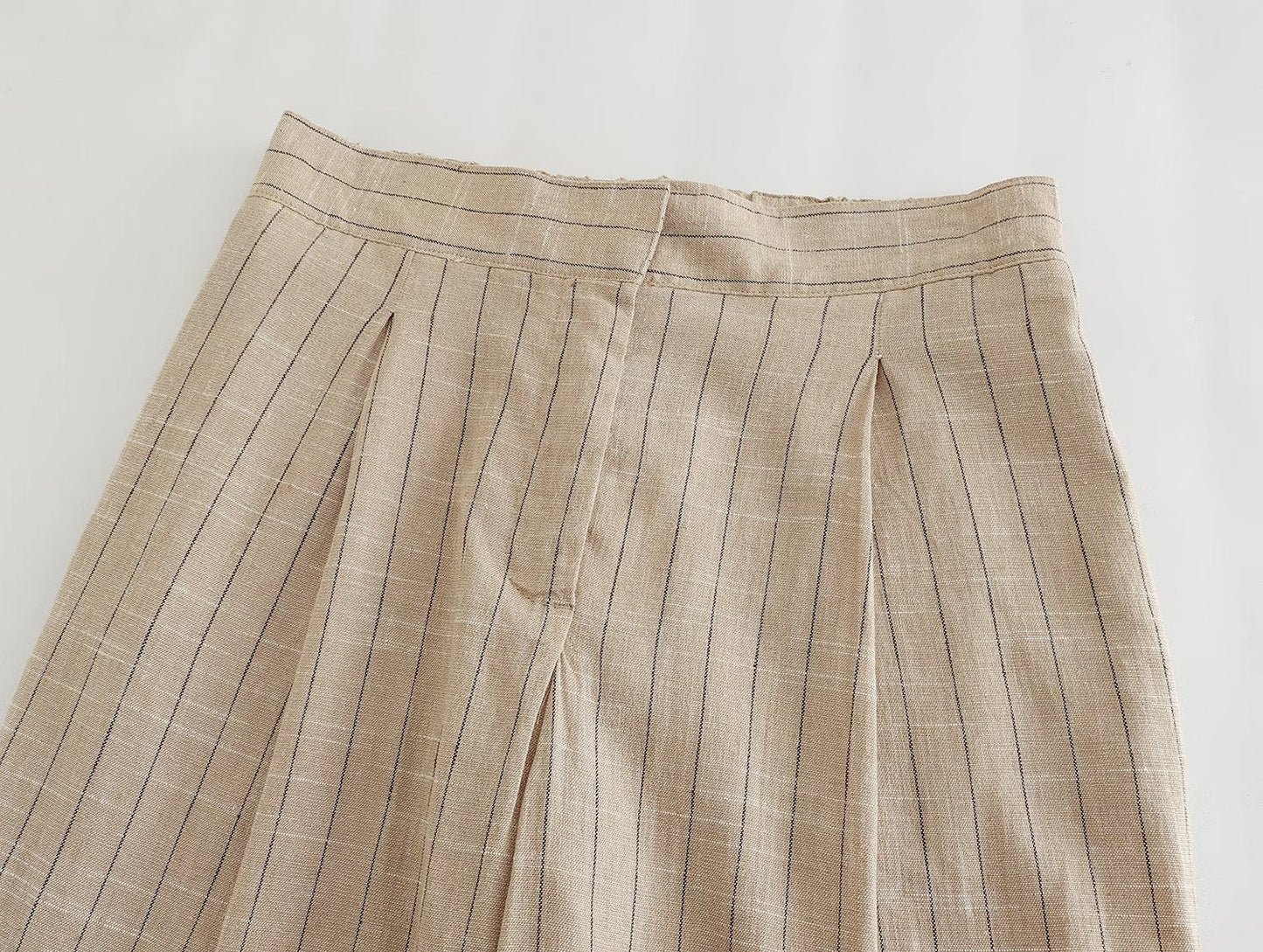 Women Linen Striped Blazer Short Top Pleated Pants Suits
