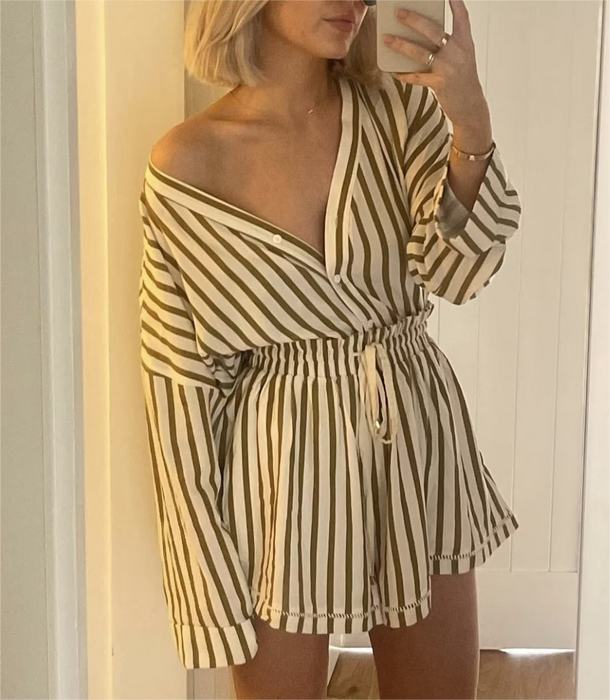 Spring Women Clothing Beige Stripes Top Short Two Piece Set