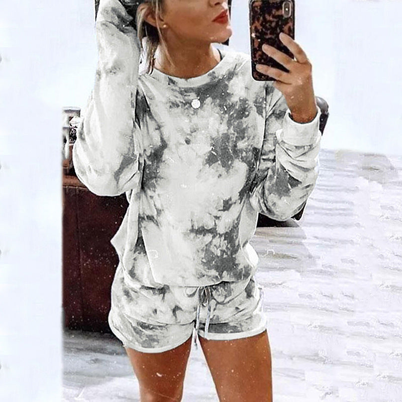 Women Tie Dyed Printed Long Sleeved Round Neck Casual Home Set