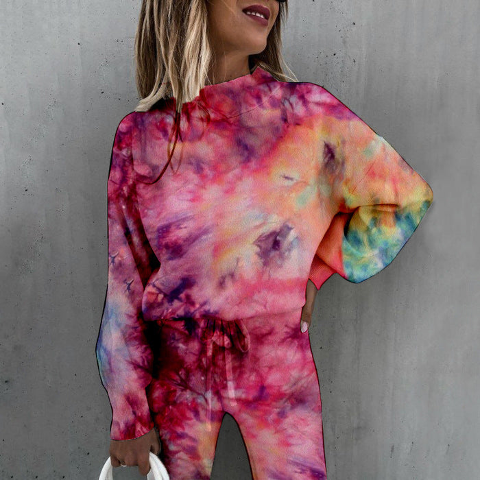 Spring New Women Tie Dyed Print High Collar Long Sleeve Fashion Casual Set