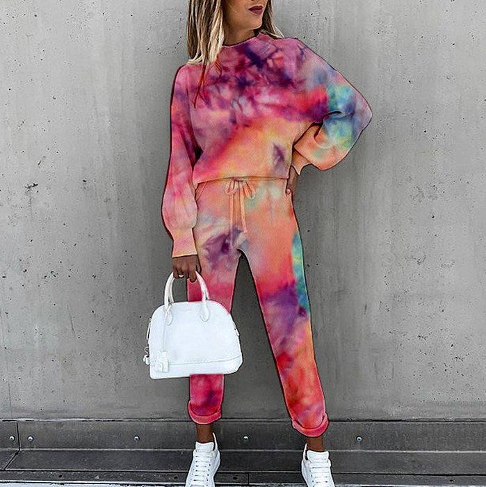 Spring New Women Tie Dyed Print High Collar Long Sleeve Fashion Casual Set