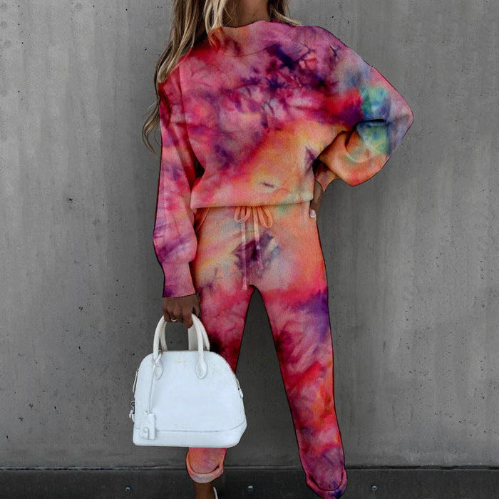 Spring New Women Tie Dyed Print High Collar Long Sleeve Fashion Casual Set