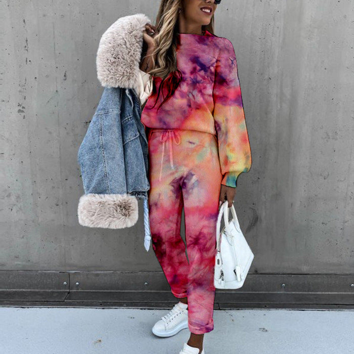 Spring New Women Tie Dyed Print High Collar Long Sleeve Fashion Casual Set