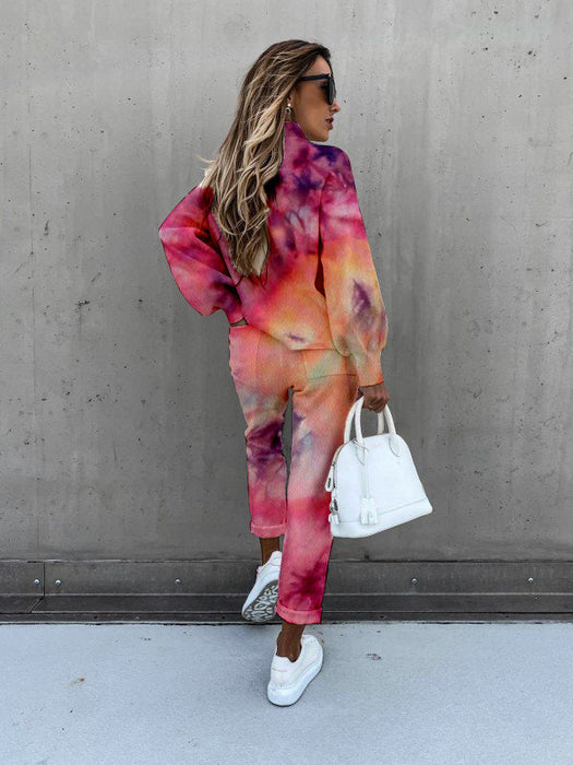 Spring New Women Tie Dyed Print High Collar Long Sleeve Fashion Casual Set