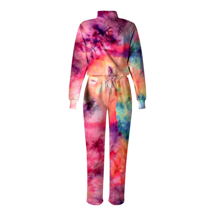 Spring New Women Tie Dyed Print High Collar Long Sleeve Fashion Casual Set