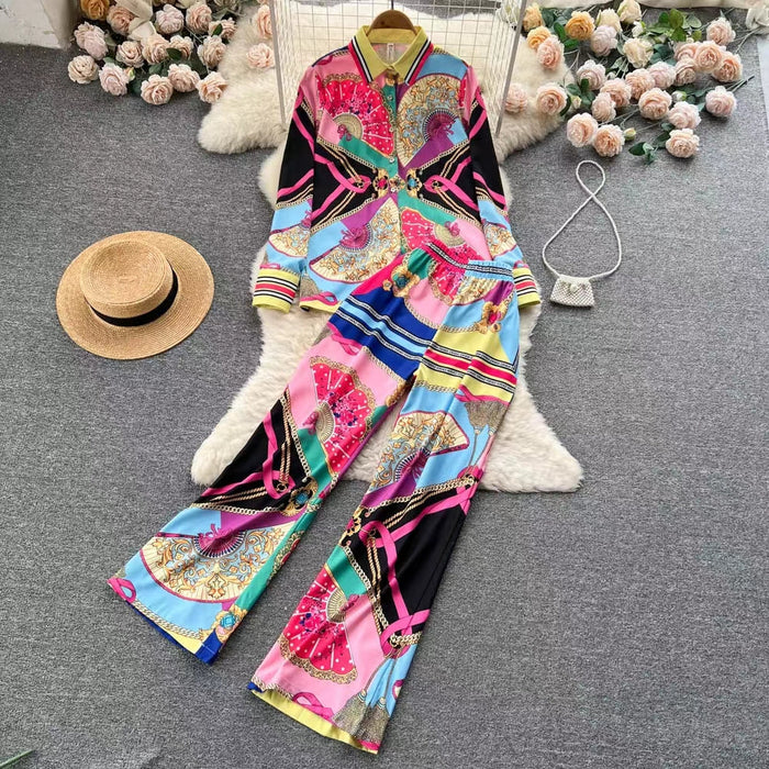 Spring and Autumn New Fashion Printing Set Women Long Sleeve Loose Shirt Wide Leg Pants Two Piece Set