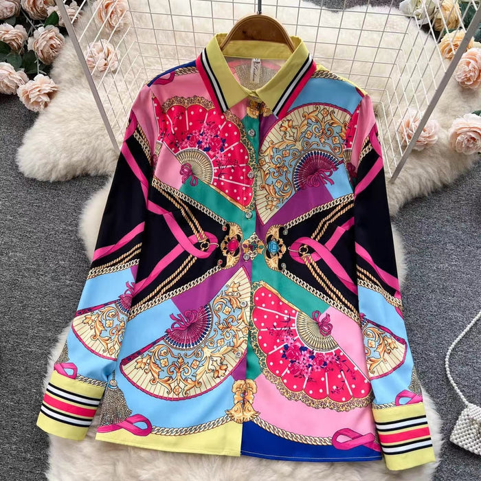 Spring and Autumn New Fashion Printing Set Women Long Sleeve Loose Shirt Wide Leg Pants Two Piece Set