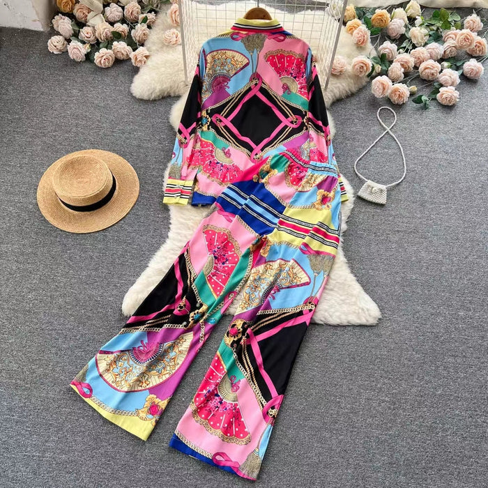 Spring and Autumn New Fashion Printing Set Women Long Sleeve Loose Shirt Wide Leg Pants Two Piece Set