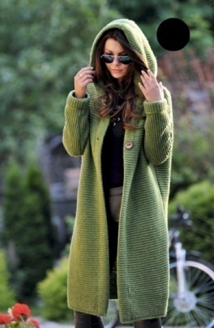 Women Clothing Autumn Winter Casual Button Long Cardigan Hooded Sweater Coat Women