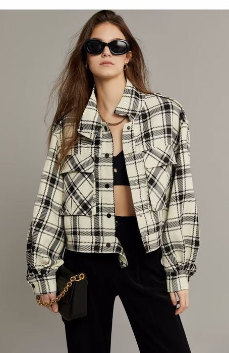 Spring Autumn Women Clothing Classic Tweed Mid Length Large Loose Pockets Plaid Jacket Casual