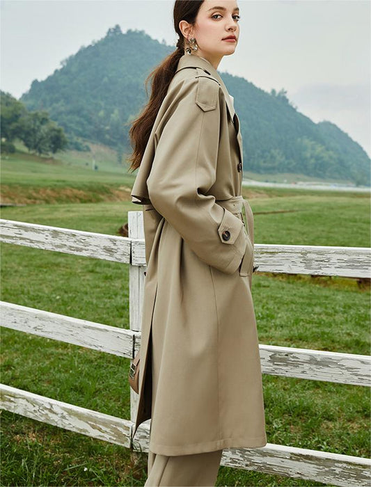 Element Autumn British Retro Double Breasted over the Knee Lengthened Trench Coat for Women Coat