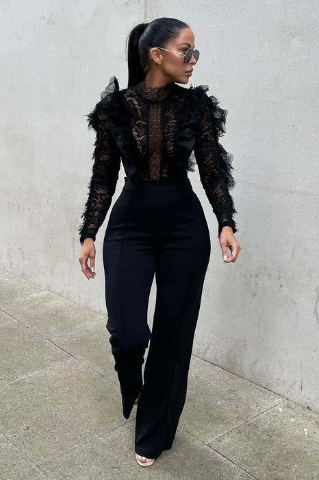 Women Clothing Autumn Winter Lace Tassel Trousers See Through Sexy Jumpsuit