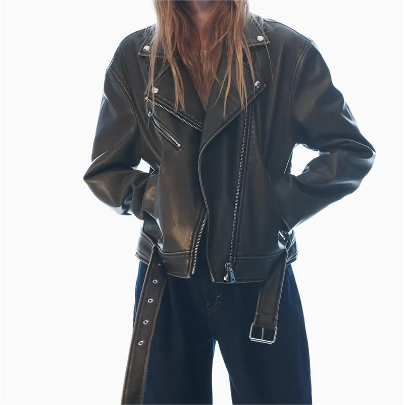 Early Autumn Women Clothing Vintage Faux Leather Motorcycle Jacket Coat Loose Leather Coat