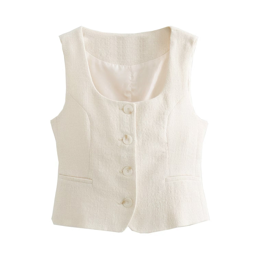 Early Autumn Women Clothing Collar Solid Color Single Breasted Sleeveless Waistcoat Vest