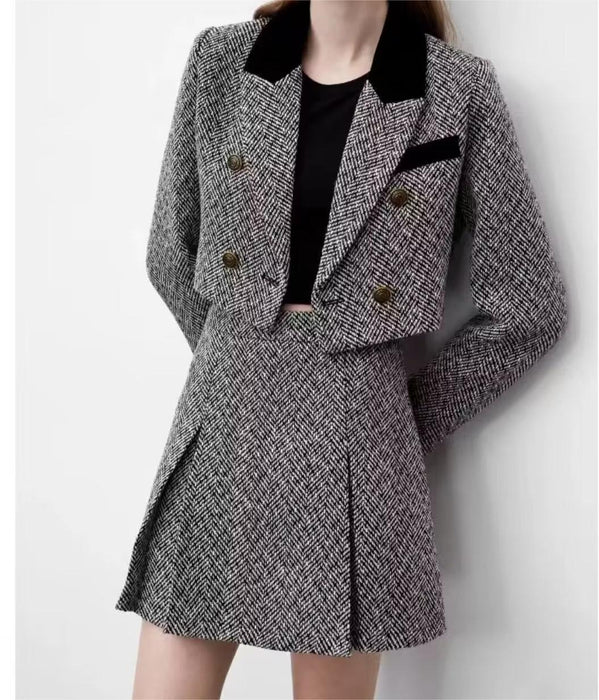 Autumn Winter Sweet Round Neck Herringbone Pattern Short Suit High Waist Skirt