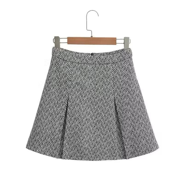 Autumn Winter Sweet Round Neck Herringbone Pattern Short Suit High Waist Skirt